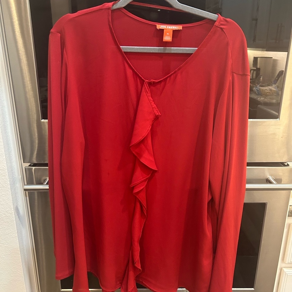 Joe Fresh Red Ruffled Long Sleeve Blouse in 2X